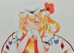  1girl ameyume7234 ascot blonde_hair closed_eyes collared_shirt covering_own_mouth flandre_scarlet frilled_sleeves frills hat hat_ribbon highres marker_(medium) medium_hair mob_cap multicolored_wings one_side_up own_hands_together puffy_short_sleeves puffy_sleeves red_ribbon red_vest ribbon shirt short_sleeves simple_background sleeve_ribbon sneezing solo touhou traditional_media upper_body vest white_background white_hat white_shirt wings yellow_ascot 