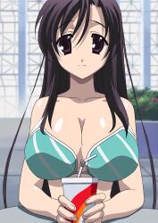  00s 1girl absurdres bikini black_hair blue_bikini breasts cleavage drink happy highres katsura_kotonoha large_breasts long_hair looking_at_viewer purple_eyes school_days screencap smile solo stitched striped striped_bikini swimsuit third-party_edit upper_body  rating:Questionable score:6 user:BopSomeElks