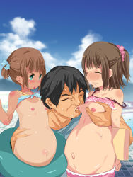 1boy 2girls :o age_difference aqua_eyes bad_id bad_pixiv_id black_hair blush body_blush bow breast_sucking breasts breasts_squeezed_together breath brown_hair closed_eyes clothes_lift cloud dark-skinned_male dark_skin day deep_skin flat_chest grimace hair_bow highres innertube lactation loli multiple_girls navel nipples noripachi one-piece_tan open_mouth original outdoors ponytail pregnant saliva shirt_lift short_hair sky small_breasts strap_slip sweat swim_ring tan tanline ugly_man rating:Explicit score:137 user:danbooru