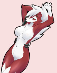  1girl animal_ears armpits arms_up black_hair black_outline blush breasts closed_mouth colored_sclera cowboy_shot creatures_(company) dog_ears dutch_angle female_focus furry furry_female game_freak gen_7_pokemon highres large_breasts legs_together looking_at_viewer lycanroc multicolored_hair navel nintendo nipples nude outline personification pink_background pokemon pokemon_(creature) red_eyes red_sclera simple_background solo two-tone_hair white_hair xan_(xan0712) 