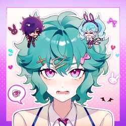  &gt;_&lt; 1boy 2girls absurdres animal_ear_hairband animal_ears black_jacket blue_hair blush border bow broken_heart chibi chinese_commentary collared_shirt commentary_request fake_animal_ears flying_sweatdrops furrowed_brow hair_bow hair_ornament hair_over_one_eye hairband hairclip hairpin hand_up heart highres idol_land_pripara jacket katasumi_amari long_hair looking_at_viewer mario_(pripara) messy_hair mini_person miniboy minigirl multiple_girls necktie open_mouth outline pink_bow pink_eyes pretty_series pripara purple_border rabbit_ear_hairband rabbit_ears red_eyes school_uniform shirt short_hair spoken_squiggle squiggle standing twintails upper_body upturned_eyes wavy_mouth white_outline white_shirt x_hair_ornament zhou_(suzusuz57561619) 