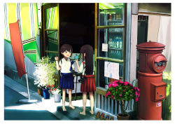  2girls aged_down akagi_(kancolle) arm_at_side blue_hakama blue_ribbon border camellia commentary_request curtains facing_viewer flag flower flower_pot food freezer from_behind geta hair_down hakama hakama_skirt highres holding holding_food japanese_clothes kaga_(kancolle) kantai_collection leaf light_blush long_hair looking_at_another multiple_girls no_shoes open_mouth pole popsicle_stick postbox_(outgoing_mail) red_hakama red_ribbon refrigerator reppuu_(kancolle) ribbon shop side_ponytail sidelocks skirt talking timmyyen yellow_eyes 