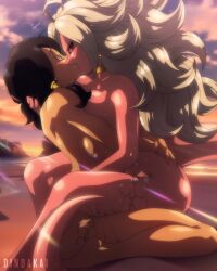  2girls android_21 ass beach black_sclera blue_eyes breasts colored_sclera colored_skin completely_nude dindakai dragon_ball dragon_ball_fighterz dragonball_z eye_contact female_focus highres kiss large_breasts long_hair looking_at_another majin_android_21 medium_hair multiple_girls nude outdoors pink_skin red_eyes sunset tail videl wet white_hair yuri 