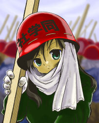  1girl black_hair blurry blurry_background commentary_request crowd gakusei_undou gloves green_eyes hair_between_eyes hard_hat helmet holding holding_staff long_hair looking_at_viewer m_tap original protest red_headwear scarf serious solo_focus staff translation_request upper_body white_gloves white_scarf 