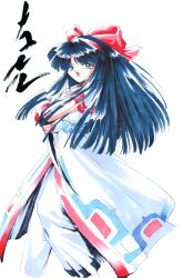  1990s_(style) 1girl ainu_clothes blue_eyes blue_hair breasts crossed_arms fingerless_gloves gloves hair_ribbon highres japanese_text legs looking_at_viewer medium_breasts nakoruru open_mouth pants retro_artstyle ribbon samurai_spirits serious snk solo the_king_of_fighters thighs traditional_media translation_request weapon 