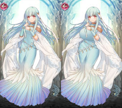  1girl aqua_hair blue_hair breast_expansion breasts dress female_focus fire_emblem fire_emblem:_the_blazing_blade fire_emblem_heroes full_body highres hip_focus huge_breasts large_breasts light_smile long_hair ninian nintendo red_eyes solo standing third-party_edit wide_hips  rating:Questionable score:26 user:RIP_SHAKO
