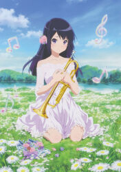  1girl absurdres bare_shoulders beamed_eighth_notes black_hair blurry blush cloud cloudy_sky day depth_of_field dress eighth_note field flower flower_field glass_slipper hair_flower hair_ornament hibike!_euphonium highres instrument kousaka_reina lake long_hair musical_note official_art outdoors purple_eyes scan shoes sitting sky smile solo treble_clef trumpet unworn_shoes wariza white_dress 