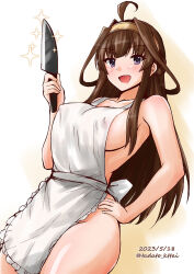  1girl :d ahoge apron blush breasts brown_hair covered_erect_nipples dated frilled_apron frills hair_intakes hairband hand_on_own_hip hand_up highres holding holding_knife kamiya_tadato kantai_collection kitchen_knife knife kongou_(kancolle) large_breasts looking_at_viewer naked_apron open_mouth purple_eyes sidelocks smile solo sparkle thighs twitter_username v-shaped_eyebrows yellow_hairband 