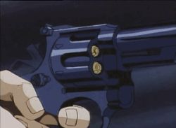  1990s_(style) animated animated_gif blonde_hair blood bullet death gun handgun holding holding_revolver lowres mad_bull_34 necktie revolver teeth weapon 