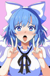  1girl absurdres ahegao black_ribbon blue_eyes blue_hair blush bow breasts buttons commentary_request double_v eyelashes fingernails frilled_shirt_collar frills hair_bow hands_up heart heart-shaped_pupils highres korean_commentary looking_at_viewer mai_(touhou) medium_breasts medium_hair neck_ribbon nose_blush open_mouth ribbon shirt short_sleeves simple_background solo ssaf52913778 sweat symbol-shaped_pupils teeth tongue tongue_out touhou touhou_(pc-98) upper_body upper_teeth_only v white_bow white_shirt white_wings wings 