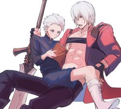  2boys aged_down belt_bra blue_eyes book brothers coat dante_(devil_may_cry) devil_may_cry devil_may_cry_(series) devil_may_cry_3 devil_may_cry_5 fingerless_gloves gloves hair_slicked_back highres holding male_focus minoxis multiple_boys muscular muscular_male rebellion_(sword) siblings sword vergil_(devil_may_cry) weapon white_hair 