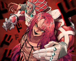  2boys blue_eyes clenched_teeth colored_skin commentary_request diavolo eyes_visible_through_hair fishnet_top fishnets hair_between_eyes highres jojo_no_kimyou_na_bouken king_crimson_(stand) long_hair looking_at_viewer male_focus medium_bangs menacing_(jojo) motion_blur multiple_boys odoro_(nicoseiga81184094) open_mouth parted_bangs pink_hair pink_skin red_background smile stand_(jojo) teeth upper_body vento_aureo white_skin 