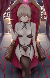 1girl absurdres areola_slip artoria_pendragon_(all) artoria_pendragon_(fate) backlighting black_bra black_panties black_ribbon black_thighhighs blonde_hair blush bra braid breasts collarbone covered_erect_nipples crossed_legs curtains artistic_error fate/grand_order fate_(series) female_pubic_hair frown garter_belt gem gins glowing highres indoors lens_flare lingerie looking_at_viewer magic_circuit medium_breasts navel neck_ribbon open_mouth panties pubic_hair pulled_by_self ribbon saber_alter sitting solo stomach strap_lift thighhighs throne underwear underwear_only v-shaped_eyebrows yellow_eyes rating:Questionable score:56 user:danbooru