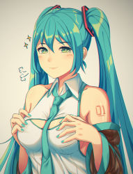  1girl alternate_breast_size aqua_hair aqua_nails aqua_necktie bare_shoulders between_breasts black_sleeves breasts bright_pupils cleavage cleavage_cutout closed_mouth clothing_cutout collared_shirt detached_sleeves eahi gradient_background green_eyes grey_background hatsune_miku highres long_hair long_sleeves medium_breasts nail_polish necktie necktie_between_breasts number_tattoo shirt shoulder_tattoo smile solo sparkle tattoo twintails upper_body very_long_hair vocaloid white_shirt 