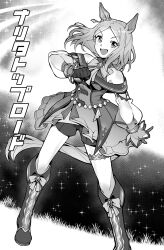  1girl :d absurdres animal_ears asymmetrical_gloves bare_shoulders black_gloves boots character_name commentary dress dutch_angle ear_covers ear_ornament gloves greyscale highres horse_ears horse_girl knee_boots looking_at_viewer mismatched_gloves monochrome narita_top_road_(umamusume) off-shoulder_dress off_shoulder open_mouth parted_bangs sbql_(niaunclefan) short_hair shorts single_ear_cover smile solo translated umamusume 