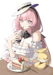  1girl absurdres arm_under_breasts blue_eyes breasts cake cleavage cup dated drinking_straw elysia_(honkai_impact) food hat highres holding holding_cup honkai_(series) honkai_impact_3rd large_breasts long_hair looking_at_viewer pink_hair pink_pupils pointy_ears simple_background smile solo strawberry_shortcake table tutou_jiang white_background white_hat 