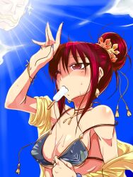 1boy 1girl alex_louis_armstrong arm_up bare_shoulders bikini blue_sky blush breasts check_commentary cleavage cloud commentary commentary_request day facial_hair fingernails food food_in_mouth fullmetal_alchemist hair_bun hair_ornament hot jacket jacket_over_swimsuit jacket_partially_removed jyuajinonabe lan_fan long_bangs looking_up medium_breasts mustache outdoors pink_eyes popsicle popsicle_in_mouth red_hair shading_eyes sidelocks sky sparkle strap_slip sun sunlight sweat swimsuit upper_body yellow_jacket 