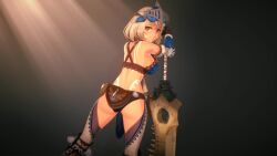  1girl 3d animated anna_anon armor ass ass_shake back bare_shoulders belt_pouch bikini_armor black_background black_panties bodypaint bone_sword bone_weapon bouncing_ass bracer brown_eyes chaps facepaint feet_out_of_frame female_focus fingerless_gloves from_behind game gloves gluteal_fold grey_hair highres hunter_(anna_anon) leather_armor looking_at_viewer looking_back looping_animation monster_hunter_(series) monster_hunter_stories_2 original panties pouch short_hair smile solo standing sword teeth thighs underwear video visor_(armor) weapon  rating:Sensitive score:375 user:MonsieurCinq