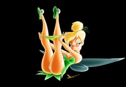  1girl absurdres artist_logo ass bare_arms bare_legs bare_shoulders black_background blonde_hair blue_eyes blush breasts clothes_pull colored_skin dated disney dltoon dress dress_pull eyebrows eyelashes eyelids fairy_wings flats green_dress green_footwear hair_bun hair_tie half-closed_eyes highres insect_wings legs legs_up lips lipstick looking_to_the_side lying makeup nipples on_back open_mouth panties panty_pull pussy red_lips shoes short_dress simple_background strapless strapless_dress thighs tinker_bell_(disney) underwear undressing upskirt white_skin wings  rating:Explicit score:4 user:sandlecrantz