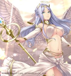  1girl angel angel_wings bare_shoulders blue_eyes blue_hair braid breasts cleavage copyright_request criss-cross_halter detached_sleeves feathered_wings feathers flipped_hair hair_ribbon hairband half_updo halo halterneck large_breasts light_particles long_hair midriff navel outstretched_arms parted_bangs ribbon rokuwata_tomoe sidelocks skirt smile solo staff underboob wings  rating:Sensitive score:20 user:danbooru