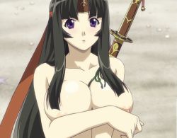  1girl breasts covered_erect_nipples female_focus gradient_background japanese_clothes large_breasts long_hair miko nipple_slip nipples purple_eyes queen&#039;s_blade solo tomoe_(queen&#039;s_blade)  rating:Questionable score:43 user:01sexypancakes01