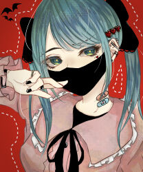  1girl absurdres bandaid ear_piercing hair_ornament hatsune_miku heart highres jirai_kei komisyo-project long_hair long_sleeves looking_at_viewer mask mouth_mask open_mouth piercing red_background ribbon shirt simple_background solo twintails vampire_(vocaloid) vocaloid 