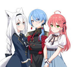  3girls ahoge animal_ear_fluff animal_ears aqua_eyes ascot black_bow black_hairband black_ribbon black_shirt blue_bow blue_bowtie blue_eyes blue_hair blue_jacket blue_skirt blush bow bowtie braid braided_ponytail breasts buttons closed_mouth commentary_request cowboy_shot detached_collar double-breasted double-parted_bangs dress earrings felutiahime fox_ears fox_girl fox_tail french_braid gold_trim green_eyes hair_between_eyes hair_bow hair_ornament hair_ribbon hairband hairclip high-waist_skirt highres hololive hoshimachi_suisei hoshimachi_suisei_(oriental_suit) jacket jewelry long_hair long_sleeves looking_at_viewer mandarin_collar multiple_girls neck_ribbon official_alternate_costume official_alternate_hairstyle one_side_up own_hands_together parted_lips pink_hair pleated_dress puffy_short_sleeves puffy_sleeves ribbon sakura_miko sakura_miko_(street) shirakami_fubuki shirakami_fubuki_(aristocrat_kei) shirt short_sleeves simple_background skirt sleeve_cuffs small_breasts smile split_mouth standing star_(symbol) star_in_eye striped_clothes striped_skirt swept_bangs symbol_in_eye tail v_arms vertical-striped_clothes vertical-striped_skirt very_long_hair virtual_youtuber white_background white_dress white_hair 