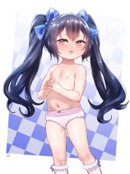  1girl absurdres blue_bow blush born-to-die bow checkered_background copyright_request feet_out_of_frame fingers_together flat_chest hair_bow highres kneehighs loli long_hair looking_at_viewer navel orange_eyes panties parted_lips smile socks standing topless twintails underwear white_panties white_socks 