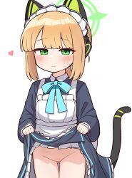  1girl absurdres animal_ear_headphones animal_ears apron black_dress blonde_hair blue_archive blush cat_ear_headphones closed_mouth clothes_lift cowboy_shot dress dress_lift fake_animal_ears fake_tail green_eyes green_halo halo headphones heart highres lifting_own_clothes loli long_sleeves looking_at_viewer maid maid_headdress midori_(blue_archive) pussy pussy_juice simple_background smile solo tagyeokgam tail uncensored white_apron white_background 