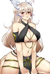  1340smile 1girl absurdres bare_shoulders breasts chain commentary corrin_(female)_(fire_emblem) corrin_(fire_emblem) fire_emblem fire_emblem_fates grey_hair halterneck highres horns large_breasts long_hair looking_at_viewer meme_attire midriff modakawa_dress navel nintendo pelvic_curtain red_eyes seiza simple_background sitting solo stomach thighs very_long_hair white_background yomorio_lingerie 