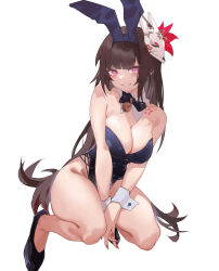  1girl absurdres alternate_breast_size animal_ears arms_between_legs bell blush bow bowtie breasts brown_hair chest_tattoo cleavage detached_collar facial_mark fake_animal_ears feng_ruoli_321 fox_mask grin highres honkai:_star_rail honkai_(series) jingle_bell large_breasts leotard long_hair looking_at_viewer mask pink_eyes playboy_bunny rabbit_ears red_nails simple_background smile solo sparkle_(honkai:_star_rail) tattoo very_long_hair white_background wrist_cuffs 