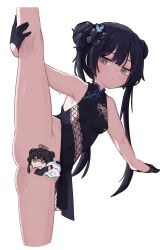 1girl arm_up bare_shoulders black_dress black_gloves black_hair blue_archive blush border breasts butterfly_hair_ornament censored character_censor closed_mouth double_bun dragon_print dress gloves grey_eyes hair_between_eyes hair_bun hair_ornament halo highres impossible_clothes kisaki_(blue_archive) leg_up loli long_hair looking_to_the_side mandarin_collar miaoema no_mouth no_panties novelty_censor outside_border sidelocks simple_background small_breasts smile solo standing standing_on_one_leg sweat twintails v-shaped_eyebrows white_background white_border rating:Explicit score:72 user:danbooru