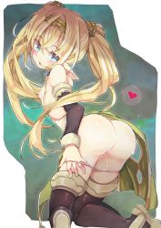  1girl ass black_pantyhose black_thighhighs blonde_hair blue_eyes blush breasts clothes_pull commission covered_erect_nipples detached_sleeves elf from_behind hair_ornament heart highres kneeling loli long_hair looking_at_viewer looking_back nipples original panties pantyhose pantyhose_pull pointy_ears pulled_by_self pussy_juice pussy_juice_trail see-through small_breasts solo spoken_heart sweat teranekosu thighhighs twintails underwear very_long_hair white_panties  rating:Explicit score:90 user:danbooru