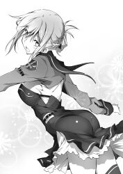  1girl ass blush braid breasts female_focus from_behind hair_between_eyes hair_tied highres kikurage_(plastic_people) large_breasts minagawa_natsume monochrome novel_illustration official_art open_mouth outstretched_arms pantylines school_uniform slash/dog solo thighs uniform 