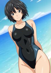  1girl amagami arms_behind_back beach black_hair black_one-piece_swimsuit blue_eyes blue_one-piece_swimsuit blue_sky breasts closed_mouth cloud competition_swimsuit covered_navel cowboy_shot day female_focus hair_between_eyes highleg highleg_swimsuit highres looking_at_viewer medium_breasts nanasaki_ai ocean one-piece_swimsuit outdoors short_hair sky smile solo swimsuit two-tone_swimsuit water yuuyuu_(3jjbn) 