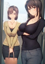  2girls apartment arms_under_breasts bra_visible_through_clothes breasts_squeezed_together breasts character_request cleavage collarbone copyright_request covered_navel crossed_arms doorway highres jewelry large_breasts looking_at_viewer looking_down medium_hair multiple_girls necklace pants see-through short_hair shy skirt standing tachibana_omina 