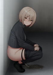  1girl against_wall black_jacket black_panties black_pants blush brown_hair closed_mouth clothes_pull commentary embarrassed full_body highres jacket light_brown_hair long_sleeves looking_at_viewer looking_to_the_side maanii nose_blush original paid_reward_available panties pants pants_pull panty_pull pee peeing puddle raised_eyebrows short_hair solo squatting underwear yellow_eyes 