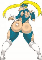  1girl ass bare_shoulders blonde_hair blue_eyes boots breasts cameltoe capcom clothing_cutout colorized domino_mask fat_mons from_behind grin heart heart_cutout highres huge_ass leotard long_hair looking_at_viewer looking_back mask rainbow_mika smile solo spanked spanking street_fighter street_fighter_v synecdoche thong thong_leotard twintails very_long_hair wrestling_outfit  rating:Questionable score:93 user:armorcrystal