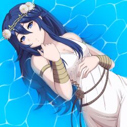  1girl armlet armpits artist_request bare_shoulders blonde_hair blue_eyes bracelet breasts cleavage clenched_hands collarbone dress expressionless eyelashes fire_emblem fire_emblem_awakening fire_emblem_heroes from_above hair_between_eyes hand_on_own_chest hand_on_own_stomach hands_up highres intelligent_systems jewelry long_dress long_hair looking_at_viewer lucina_(fire_emblem) lucina_(valentine)_(fire_emblem) matching_hair/eyes neck nintendo no_bra official_alternate_costume on_water parted_lips rope_belt side_slit sidelocks sleeveless sleeveless_dress small_breasts sundress symbol_in_eye water wet wet_clothes wet_hair white_dress 