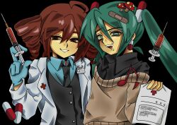  2girls 401-chan @_@ absurdres ahoge alternate_costume bags_under_eyes bandaid bandaid_hair_ornament black_background black_necktie black_shirt black_vest blue_shirt brown_sweater coat collared_shirt drill_hair drooling food-themed_hair_ornament gloves green_eyes green_hair grin hair_ornament hatsune_miku highres holding holding_paper holding_syringe igaku_(utau) kasane_teto lab_coat latex latex_gloves long_hair long_sleeves looking_at_viewer magical_doctor_(vocaloid) medium_hair multiple_girls mushroom_hair_ornament necktie off-shoulder_sweater off_shoulder open_clothes open_coat paper pill_hair_ornament raised_eyebrow red_eyes red_hair sharp_teeth shirt side-by-side simple_background smile songover sweater syringe teeth trait_connection twin_drills twintails uneven_eyes upper_body utau vest vocaloid 