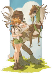 1girl absurdres animal_ears ankle_boots artist_name backpack bag barding blue_sky boots brown_footwear cat_ears cat_girl cat_tail chinese_commentary chocobo cloud commentary_request cross-laced_footwear day eyes_visible_through_hair facial_mark final_fantasy final_fantasy_xiv from_side full_body grass green_eyes green_neckerchief green_shorts hand_on_own_head hand_up highres holding holding_map legs_together map medium_hair miqo&#039;te neckerchief open_mouth orange_hair outdoors outside_border pillarboxed ponytail reins saddle shirt short_sleeves shorts signature sky solo standing swept_bangs tail warrior_of_light_(ff14) weibo_logo weibo_watermark white_shirt yuzaiii