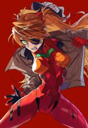  1girl artist_request ass baseball_cap bodysuit bodysuit_under_clothes breasts brown_hair evangelion:_3.0_you_can_(not)_redo floating_hair green_eyes hat highres interface_headset jacket legs_apart long_hair looking_at_viewer medium_breasts neon_genesis_evangelion open_clothes open_jacket plugsuit rebuild_of_evangelion red_background red_bodysuit serious sharp_teeth shiny_clothes simple_background solo souryuu_asuka_langley standing teeth track_jacket two_side_up unworn_headwear wide_hips 