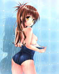1girl ass blush breasts brown_hair flat_ass long_hair nipples one-piece_swimsuit school_swimsuit shadow showering small_breasts solo swimsuit tamanegi_(genpi) to_love-ru wet yellow_eyes yuuki_mikan rating:Questionable score:30 user:danbooru