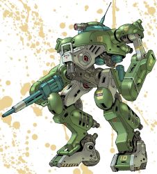  arm_cannon for_the_barrel funbolt mecha no_humans one-eyed paint_splatter parody radio_antenna red_eyes robot science_fiction scopedog solo soukou_kihei_votoms style_parody thrusters weapon wheel white_background 