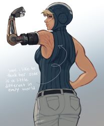  1girl apex_legends belt black_belt blonde_hair blue_bodysuit blue_eyes bodysuit clenched_hand commentary english_commentary english_text flexing freckles from_behind fuse_(apex_legends) fusion hand_on_own_hip highres hood hooded_bodysuit lightning_bolt_symbol lila_(lilakeylk) looking_up pants ribbed_bodysuit sleeveless sleeveless_bodysuit smile solo wattson_(apex_legends) white_pants 