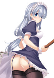  1girl ass blue_eyes blush braid branch breasts broom clothes_lift covered_erect_nipples frills garter_straps hair_over_eyes highres long_hair looking_at_viewer looking_back low-tied_long_hair maid maid_headdress medium_breasts minase_yuu original panties pantyshot puffy_short_sleeves puffy_sleeves short_sleeves silver_hair skirt skirt_caught_on_object skirt_lift skirt_set solo standing string_panties thighhighs thong underwear very_long_hair white_background wrist_cuffs 