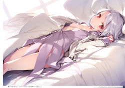 1girl absurdres albino bed bed_sheet blush breasts day dress dutch_angle highres indoors jacket ke-ta kishin_sagume loli looking_at_viewer looking_to_the_side lying nipples no_bra no_panties non-web_source on_back on_bed one_breast_out open_clothes open_dress open_jacket pillow purple_dress red_eyes short_dress short_hair silver_hair sleeping small_breasts solo sunlight swept_bangs tareme thighs touhou translation_request white_jacket rating:Questionable score:93 user:danbooru