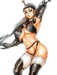  1girl absurdres armor bikini_armor black_hair highres joka_(hiwai) original sword weapon yellow_eyes  rating:Questionable score:32 user:ChainL