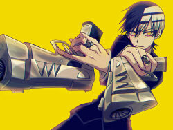  1boy absurdres aiming aiming_at_viewer black_hair black_suit death_the_kid dual_wielding formal gun handgun highres holding holding_gun holding_weapon jewelry multicolored_hair ring ringed_eyes skull_ring solo soul_eater striped_hair suit user_yddr3472 weapon yellow_background yellow_eyes 