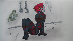 16:9 arms_behind_back ball_gag bdsm bondage bound_arms bound_legs bound_wrists breast_bondage furry gag highres rope silver_hair tears yellow_eyes rating:Questionable score:1 user:BioRockDude